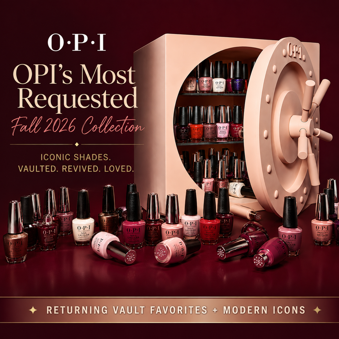 OPI’s Most Requested Fall 2026 Collection featuring returning vault favorite nail polish shades displayed around an OPI vault.