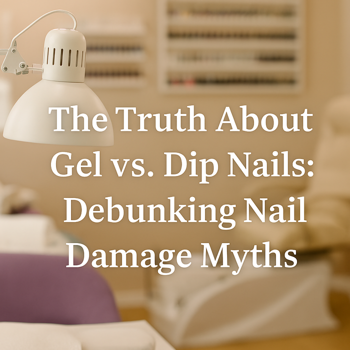 Featured image for NailMall blog 'Nail Myths Busted: What’s Really True About Gel and Dip Nails,' showing a modern nail salon interior with manicure stations, soft pink lighting, and elegant typography displaying the blog title.