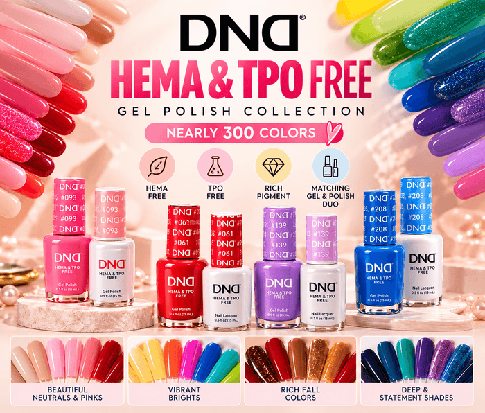 DND HEMA & TPO Free Gel Polish Collection featuring matching gel and nail polish duos in nearly 300 colorful shades