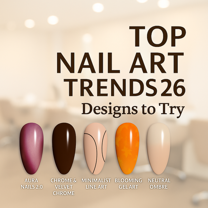 Featured graphic titled ‘Top Nail Art Trends 2026’ showing five nail designs: aura nails, chrome velvet, minimalist line art, blooming gel art, and neutral ombré, displayed over a blurred salon background.