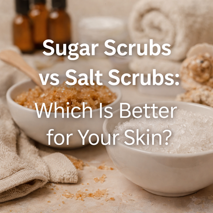 Sugar scrub vs salt scrub comparison image with spa towels and exfoliating scrubs for skin care routine.
