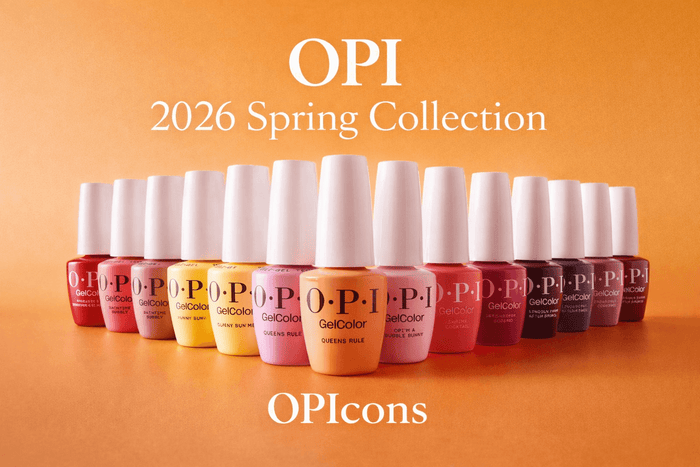 OPI 2026 Spring Collection GelColor shades arranged in a curved display with vibrant pastel and bold colors, featuring the OPIcons theme.