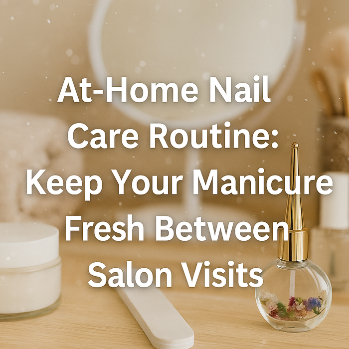 Flat lay of a home nail care setup with nail polish, towels, and cuticle oil on a vanity table, overlaid with the text “At-Home Nail Care Routine: Keep Your Manicure Fresh Between Salon Visits.”