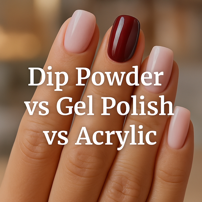 Close-up comparison of dip powder, gel polish, and acrylic nails on natural hands, showcasing differences in finish and texture for blog article.