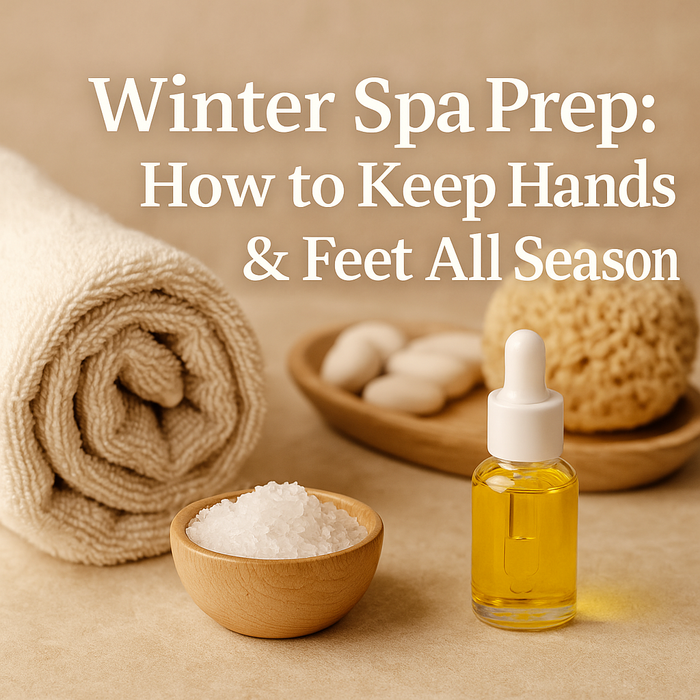 Featured image for NailMall blog titled “Winter Spa Prep: How to Keep Hands & Feet Soft All Season” showing a serene spa scene with towels, candles, and soft beige tones that evoke warmth, relaxation, and winter skincare care