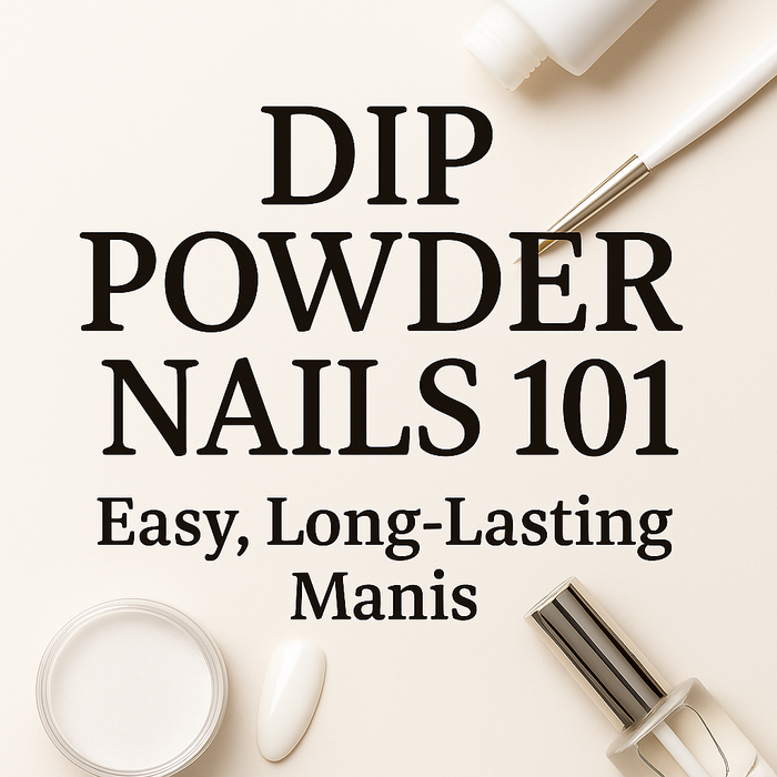 Dip Powder Nails 101 blog graphic with nail tools and title text on a clean white background.