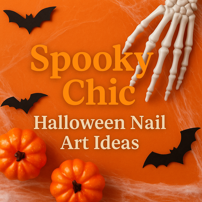 Halloween-themed featured image for NailMall blog titled ‘Spooky Chic: Top Halloween Nail Trends for 2025,’ featuring black, orange, and chrome nail designs with pumpkins and spiderweb accents.