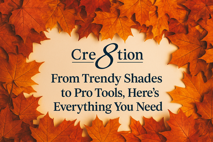 Cre8tion logo with the tagline 'From Trendy Shades to Pro Tools, Here’s Everything You Need' centered on a warm autumn-themed background, surrounded by vibrant orange and red maple leaves.