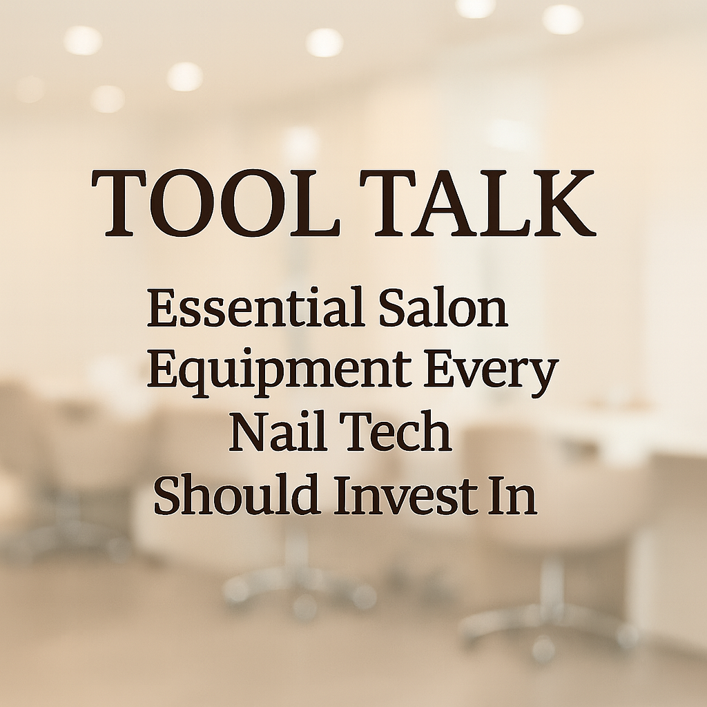 TOOL TALK blog cover design with the title 'Essential Salon Equipment Every Nail Tech Should Invest In' displayed on a clean salon-inspired background.