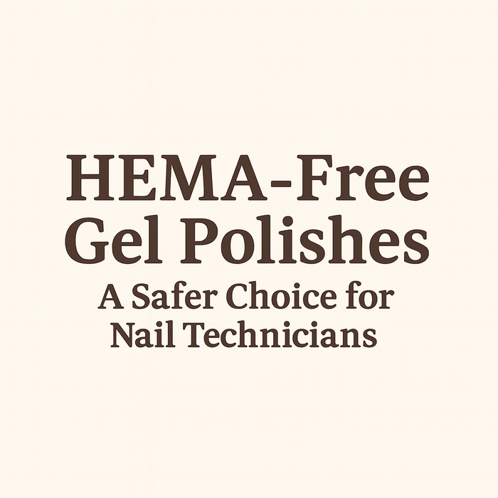HEMA-Free Gel Polishes promotional image with centered title text on a neutral background, featuring a red polish bottle, drops, and UV nail lamp.