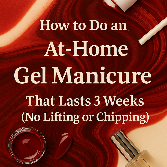At-home gel manicure guide blog image with red nail polish background and tools