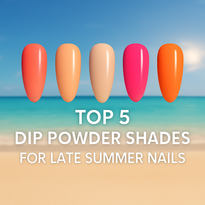 Featured image showcasing top 5 summer dip powder colors for 2025 with a beach background, nail color swatches, and text overlay promoting long-lasting dip powder