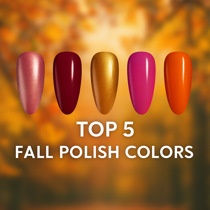 Featured blog graphic showing five nail polish swatches in fall shades—berry pink shimmer, beige nude, pumpkin orange, chestnut brown, and copper cat-eye—on an autumn leaves background with the title text 