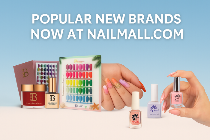 Promotional banner featuring new nail brands at NailMall.com including Billionaire, iGel Beauty, WaveGel, and Nitro with product swatches, polish bottles, and nail art on a pastel background.