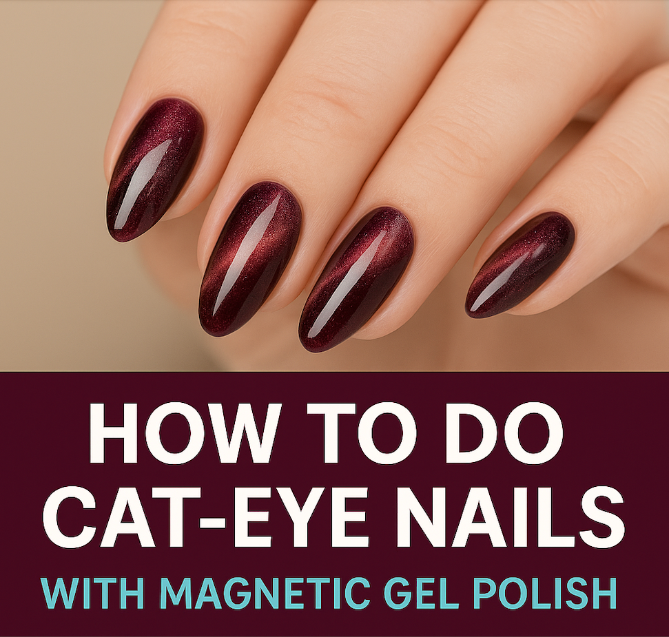 Close-up of burgundy cat-eye gel nails with shimmering magnetic effect and overlay text ‘How to Do Cat-Eye Nails with Magnetic Gel Polish