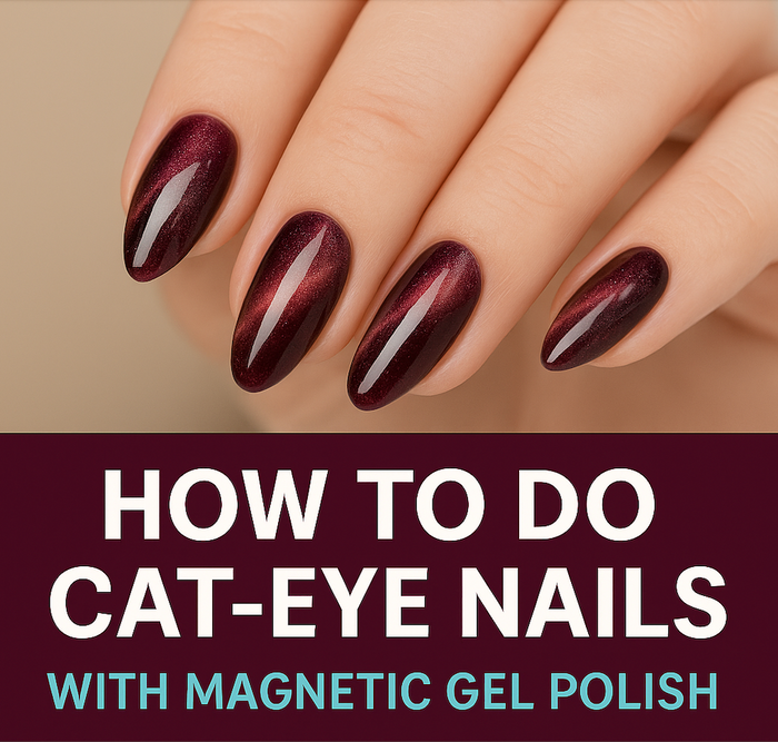 Close-up of burgundy cat-eye gel nails with shimmering magnetic effect and overlay text ‘How to Do Cat-Eye Nails with Magnetic Gel Polish