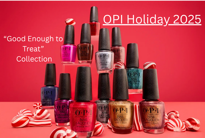 Display of OPI Holiday 2025 “Good Enough to Treat” Collection featuring colorful nail polish bottles arranged in a festive candy-themed setup with red and white peppermint decorations on a bright red background