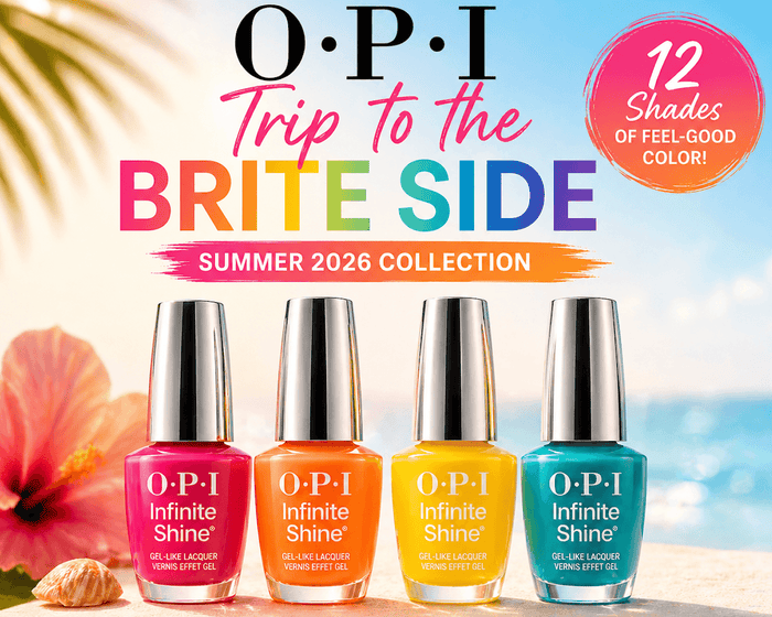 OPI Summer 2026 Trip to the Brite Side collection featuring colorful Infinite Shine nail polish bottles with bright tropical summer background
