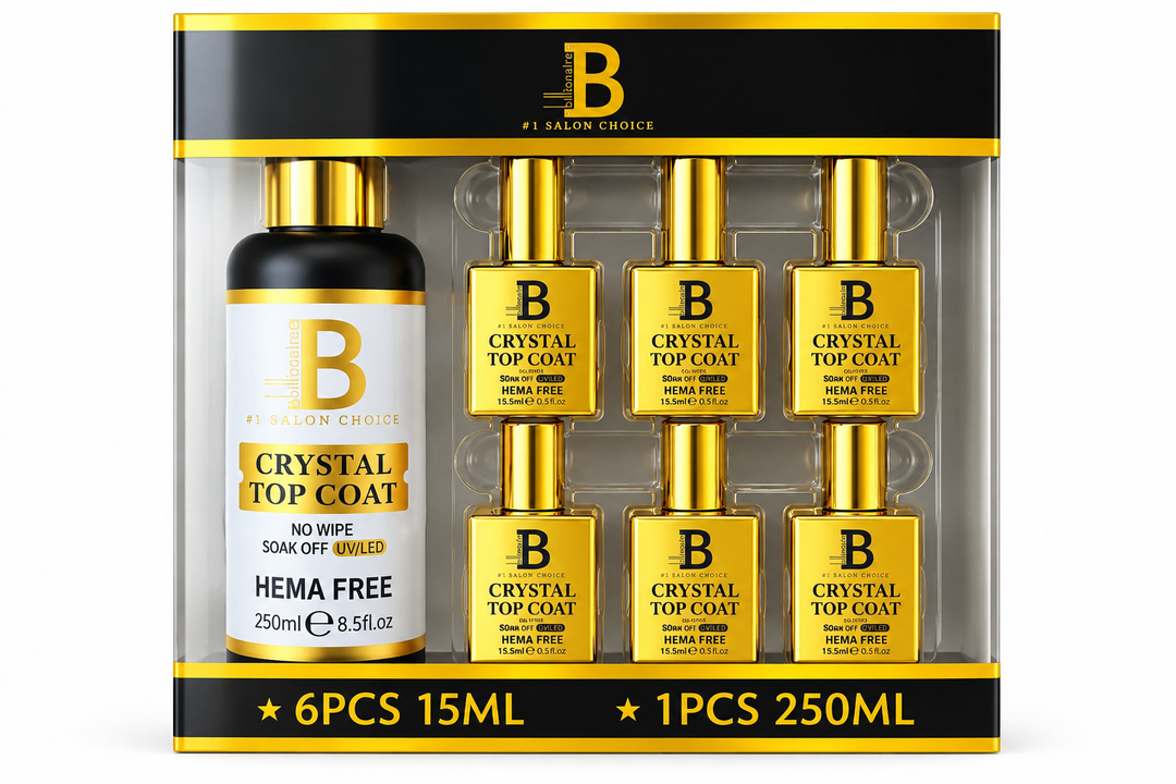 Billionaire Crystal Top Coat No Wipe HEMA-Free – 6 Filled Bottles + 250ml Refill Bottle