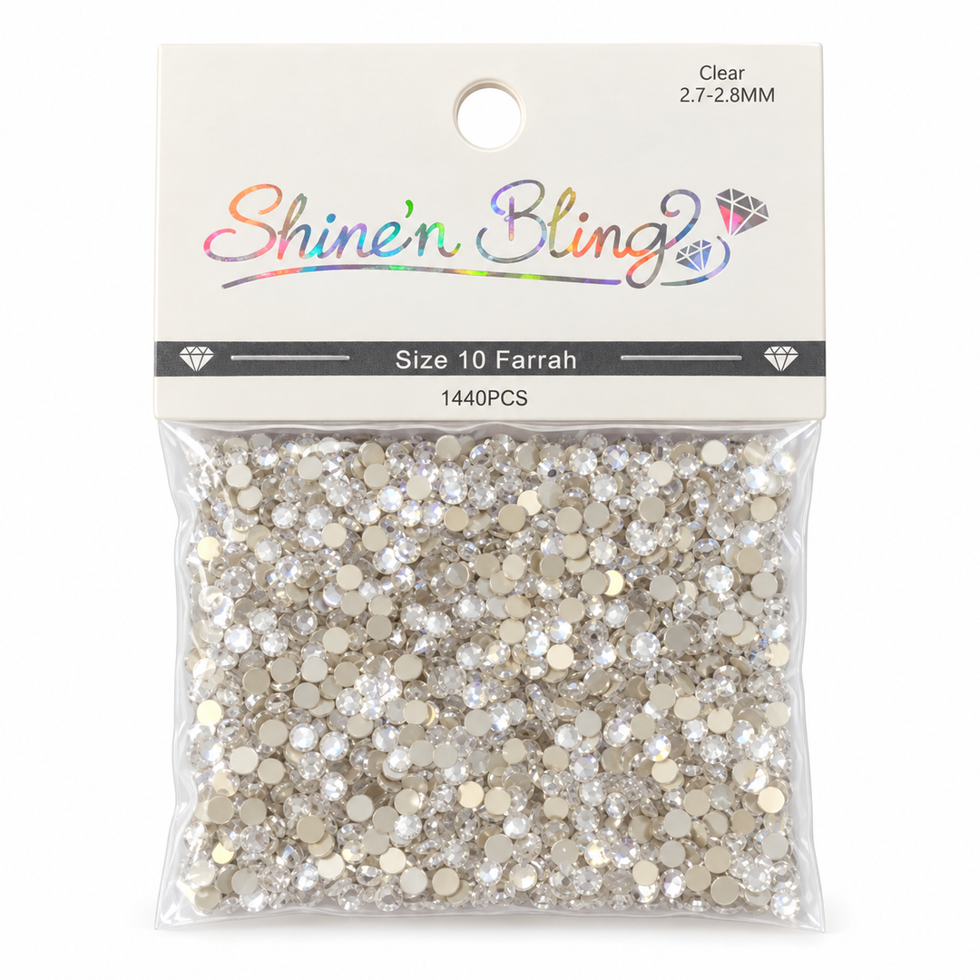 Shine’n Bling Clear Farrah Rhinestones Size 10 – 1,440 Pieces | 2.7-2.8MM