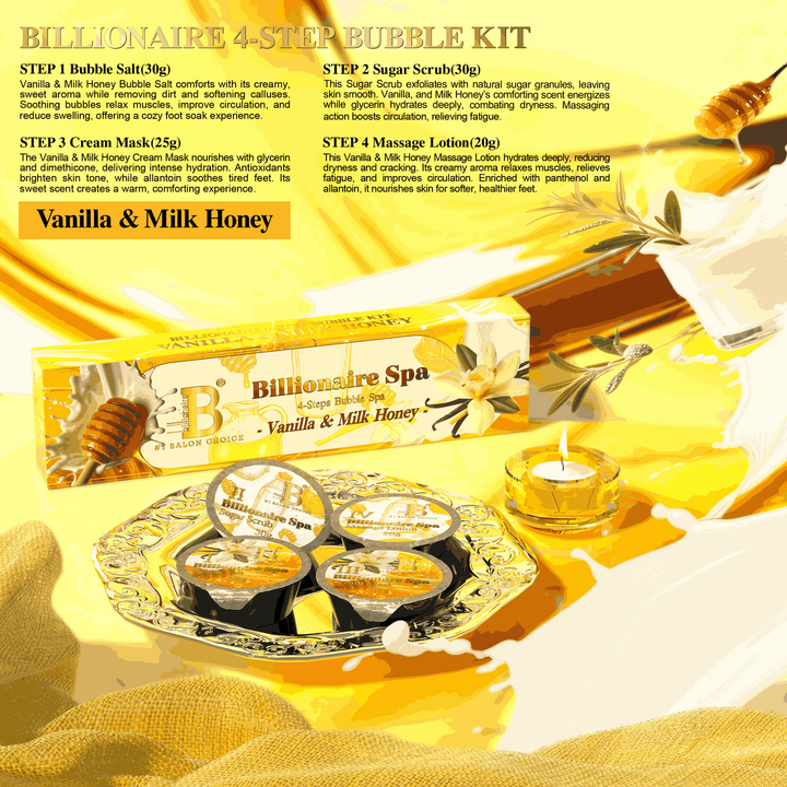 Billionaire Bubble Spa Nail Deluxe Pedicure Kit 4 Steps - Vanilla & Milk Honey