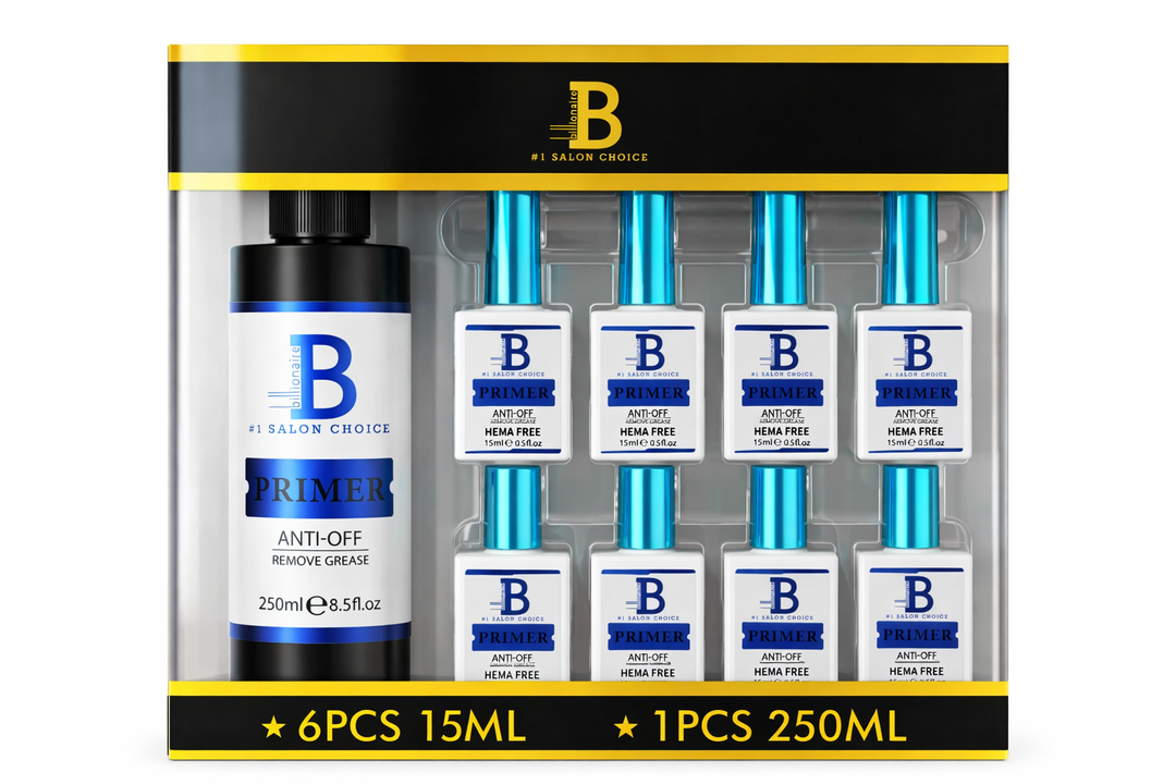 Billionaire Nail Primer Kit HEMA-Free – 6 Filled Bottles & 250ml Refill Bottle