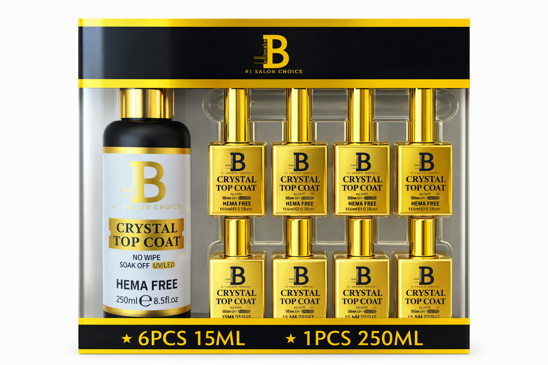 Billionaire Crystal Top Coat No Wipe HEMA-Free – 6 Filled Bottles + 250ml Refill Bottle