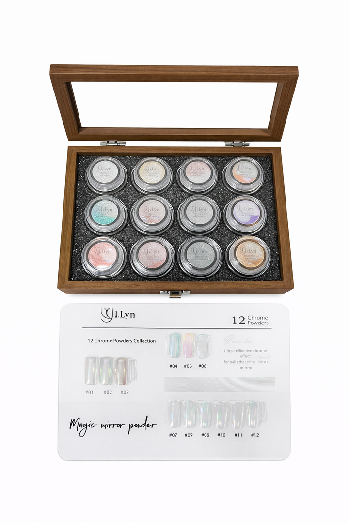 J.Lyn Magic Mirror Chrome Powder Collection – 12 Color Professional Nail Art Set