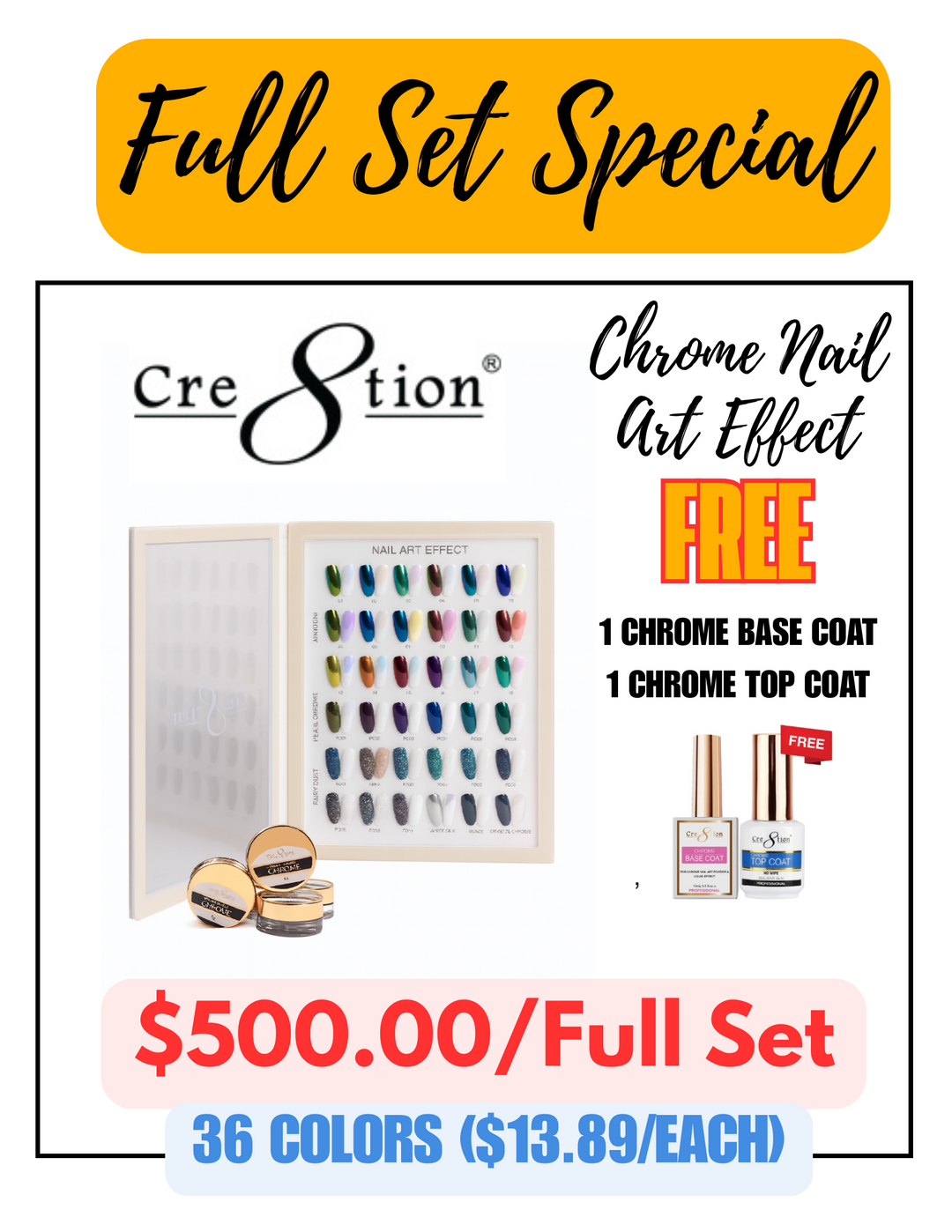 Cre8tion Chrome Nail Art Effect 1g - 36 Colors (Unicorn, Pearl Chrome, Fairy Dust) w/ 1 Chrome Base & 1 Chrome Top 0.5oz