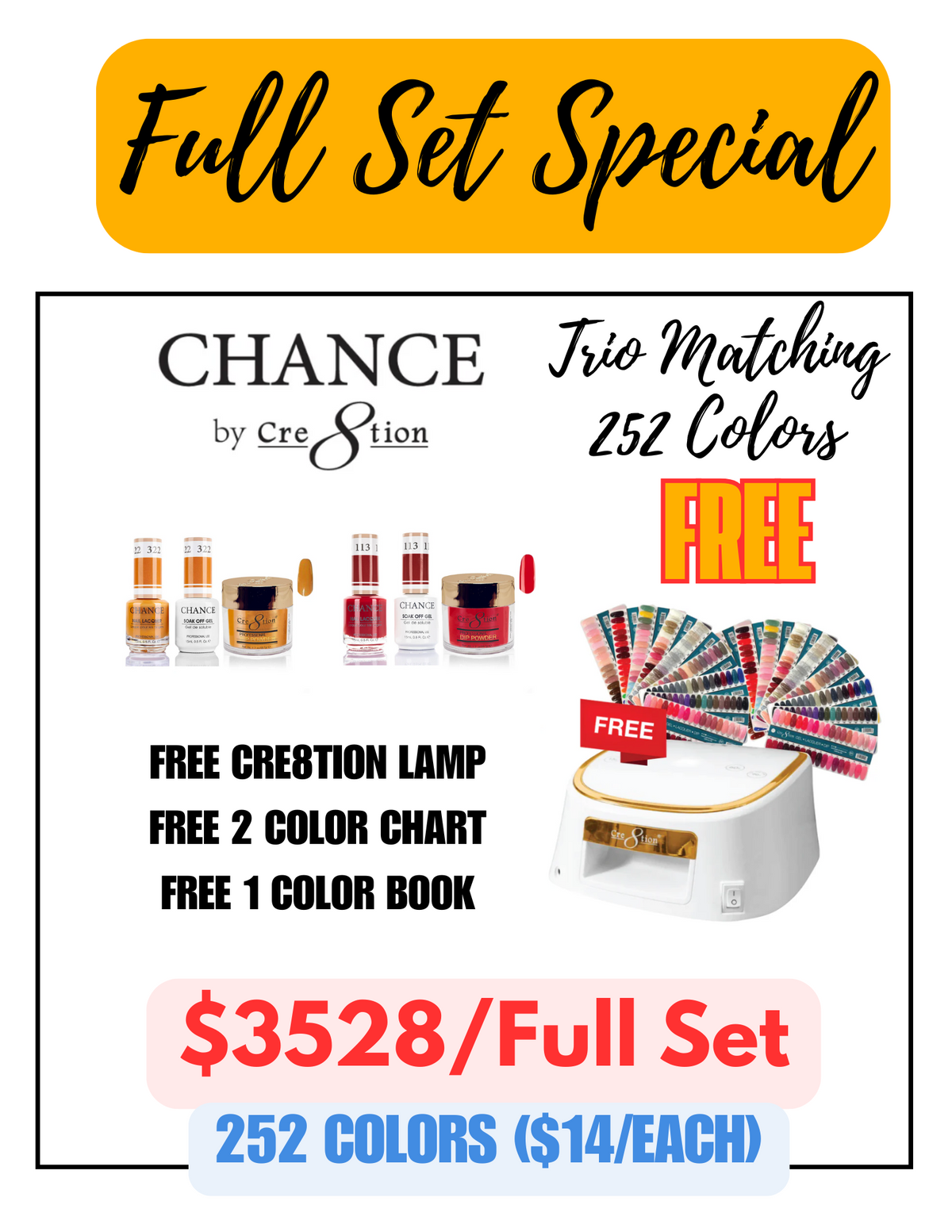 Cre8tion Trio Matching Color - Full Set 324 Colors Collection & 2 Cre8tion Cordless Gold Rim Lamp, 1 set Tip Color Chart, 1 Color Book & 6 Top Diamond 0.5oz