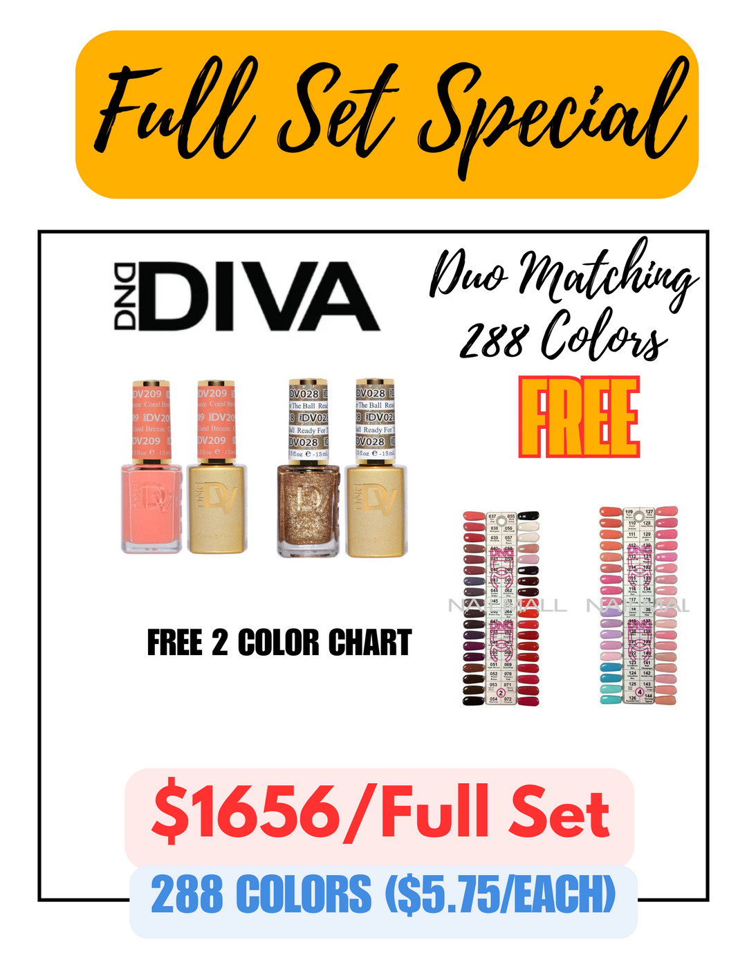 DND Diva Duo Matching Color - Full Set 288 Colors Collection w/ 2 Free Color Chart