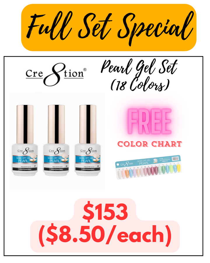 Cre8tion Pearl Gel Collection 0.5oz - Full Set 18 colors w/ 1 Color Chart