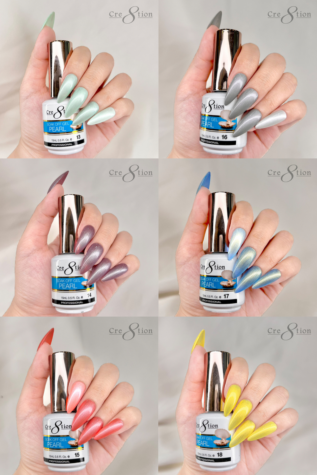 Cre8tion Pearl Gel Collection 0.5oz - Full Set 18 colors w/ 1 Color Chart
