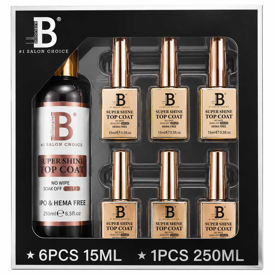 Billionaire Super Shine Top Coat No Wipe Soak Off – 6 Filled Bottles + 250ml Refill Bottle