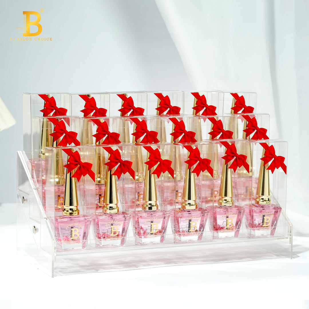 Billionaire Cuticle Oil square bottles in salon display