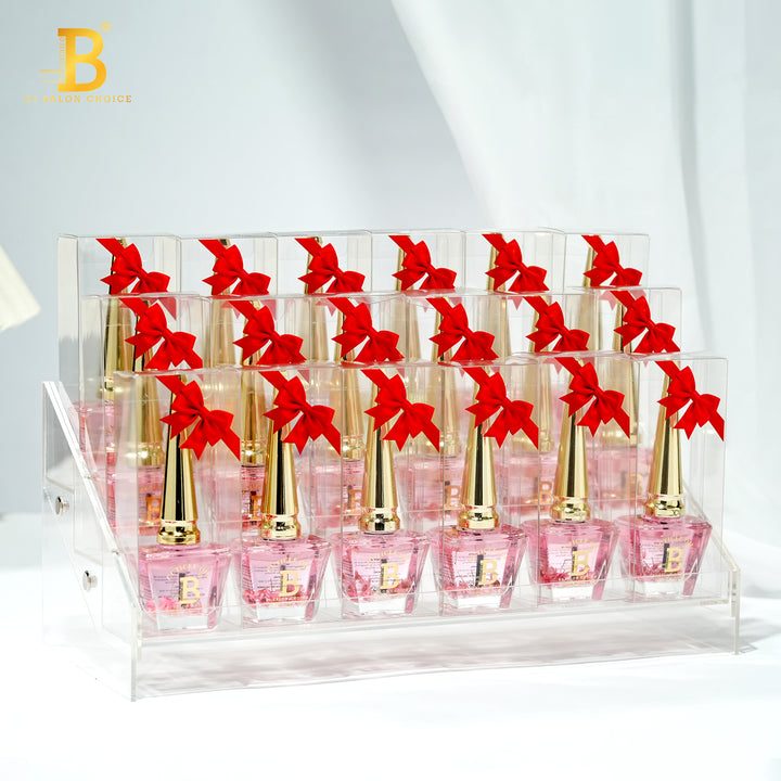 Billionaire Cuticle Oil square bottles in salon display