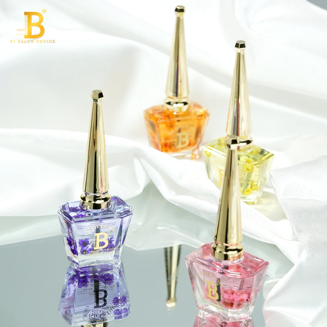 Billionaire Cuticle Oil square bottles in four scents