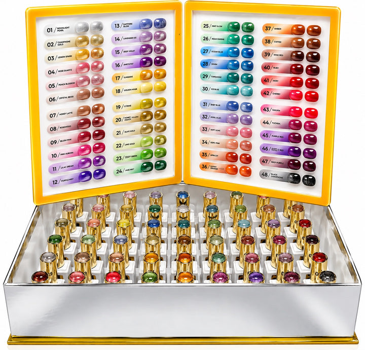 Billionaire Glass Cat Eye 48 Colors Collection with gel bottles and full shade chart