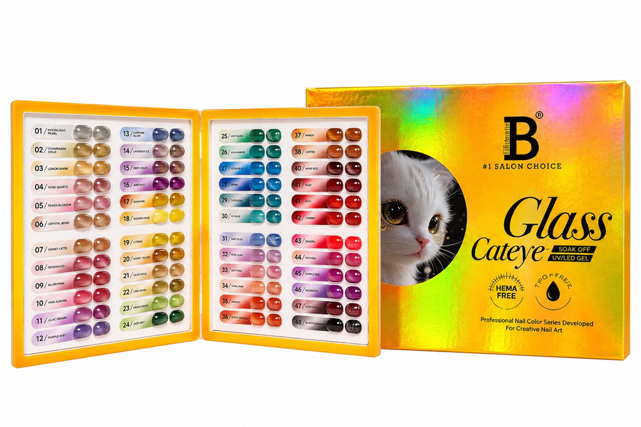 Billionaire Glass Cat Eye 48-color gel collection swatches with holographic retail box
