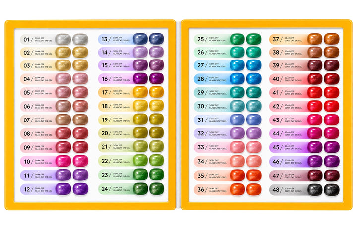 Billionaire Glass Cat Eye Gel numbered shade board showing colors 01 through 48
