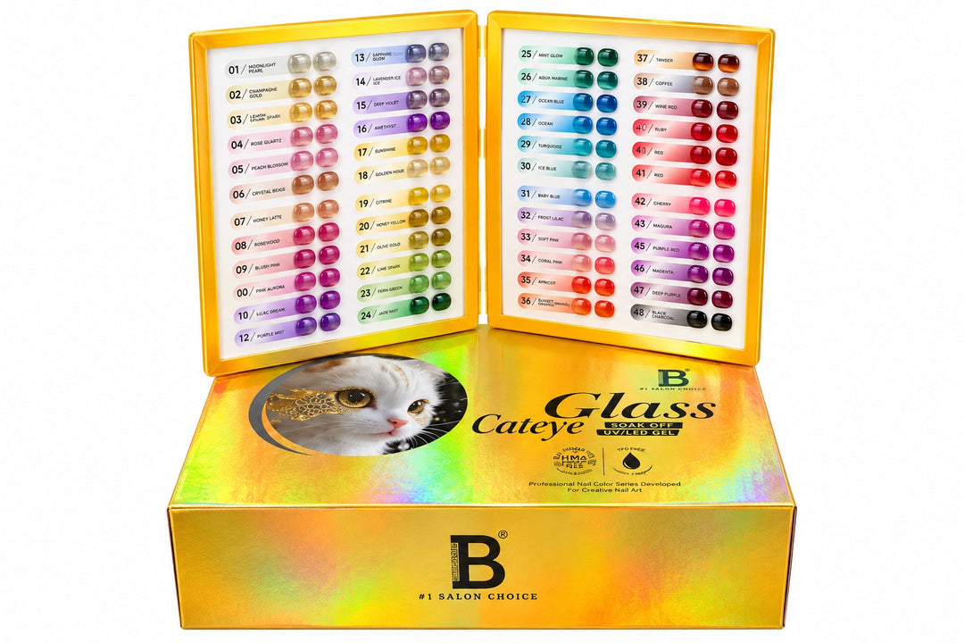 Billionaire Glass Cat Eye Gel 48 shade swatch display with gift box
