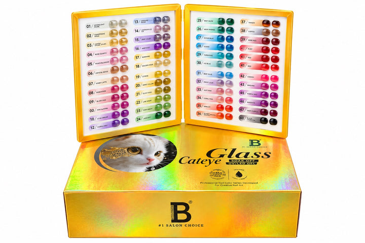 Billionaire Glass Cat Eye Gel 48 shade swatch display with gift box