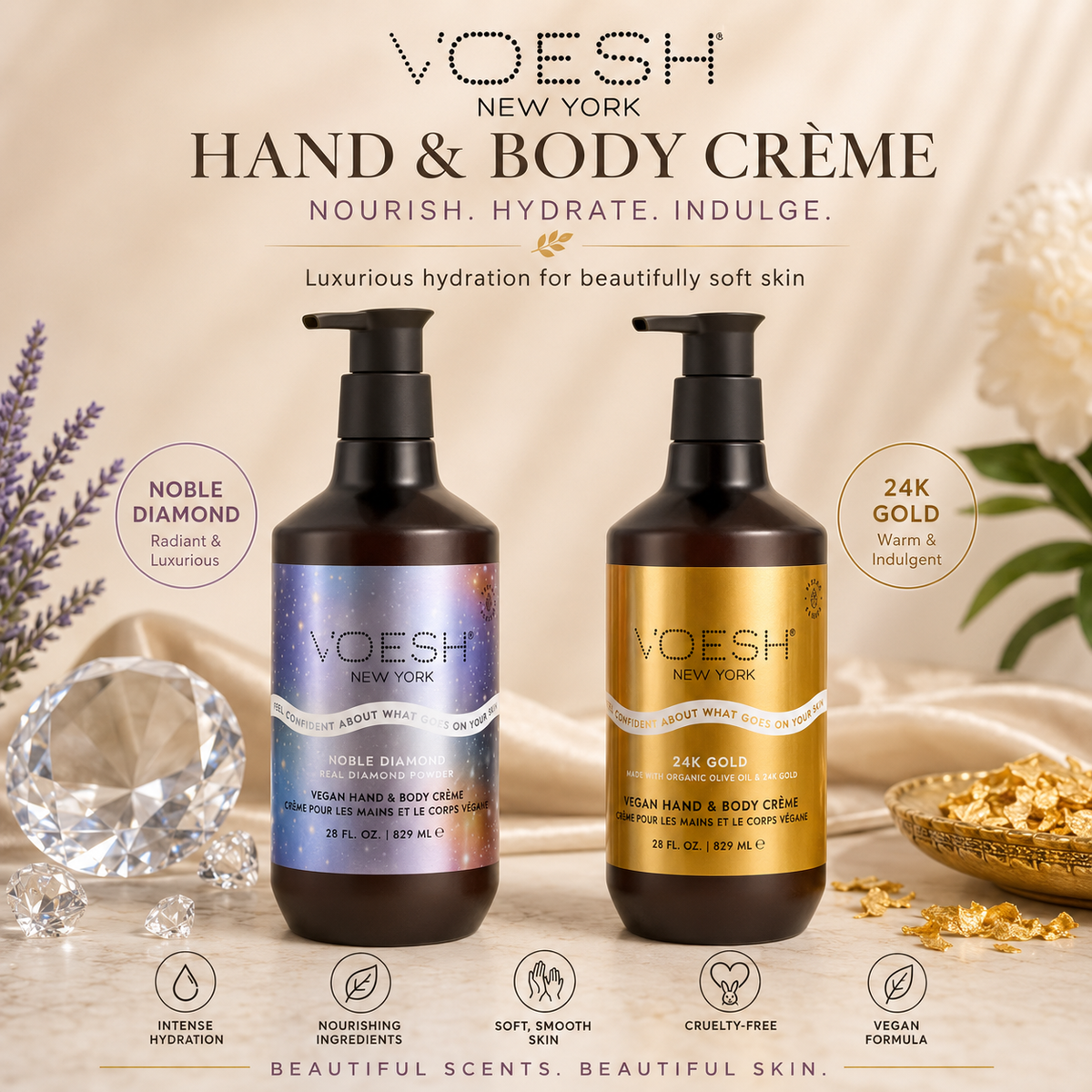 Voesh Vegan Hand & Body Creme Lotion | 24K Gold or Noble Diamond