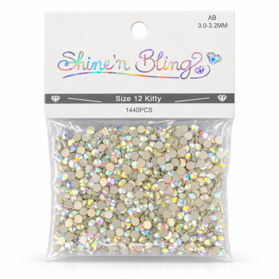 Shine’n Bling AB Aurora Borealis Kitty Rhinestones Size 12 – 1,440 Pieces | 3.0-3.2MM