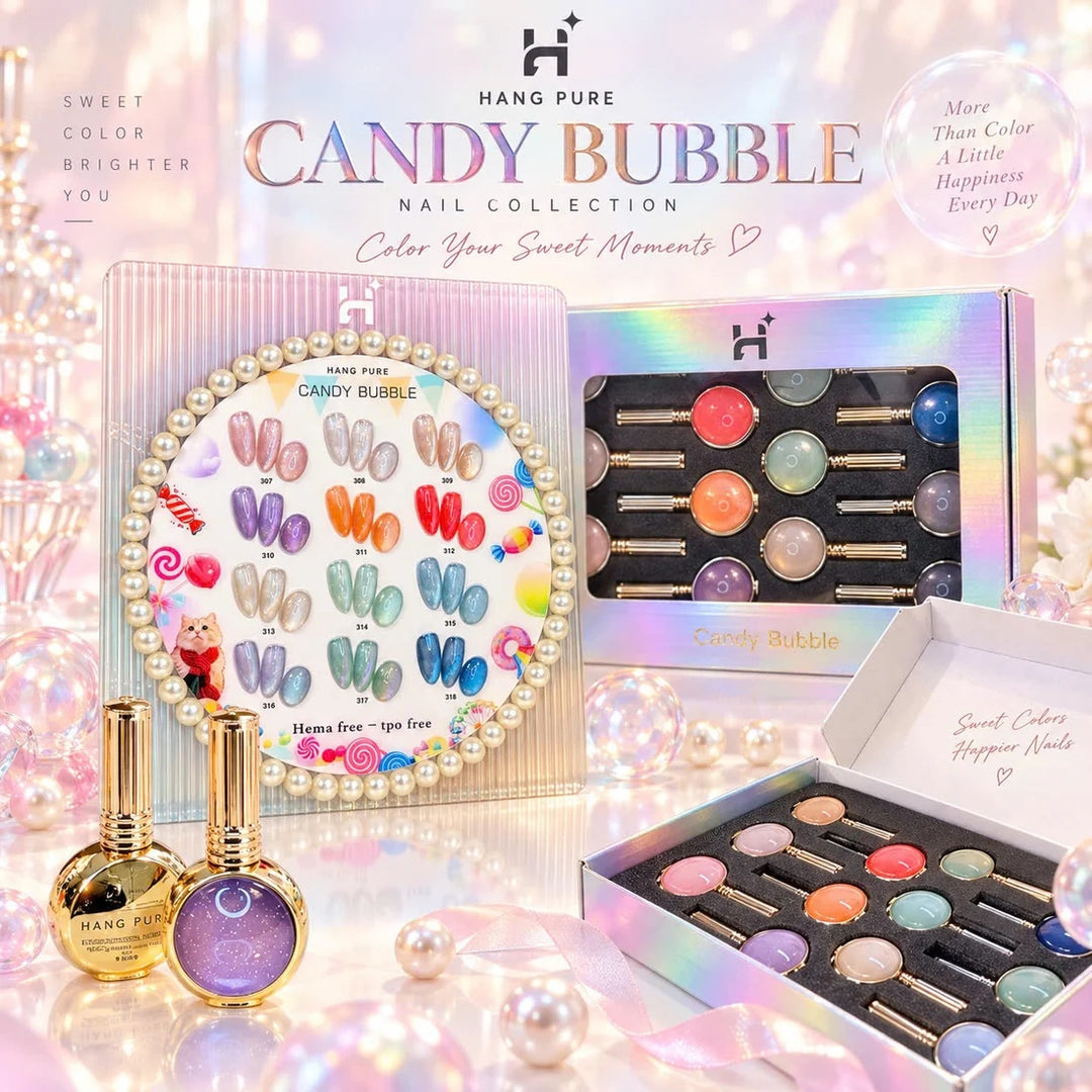 Hang Pure Candy Bubble 12-color gel polish collection with pastel shade chart, gold bottles, and boxed set