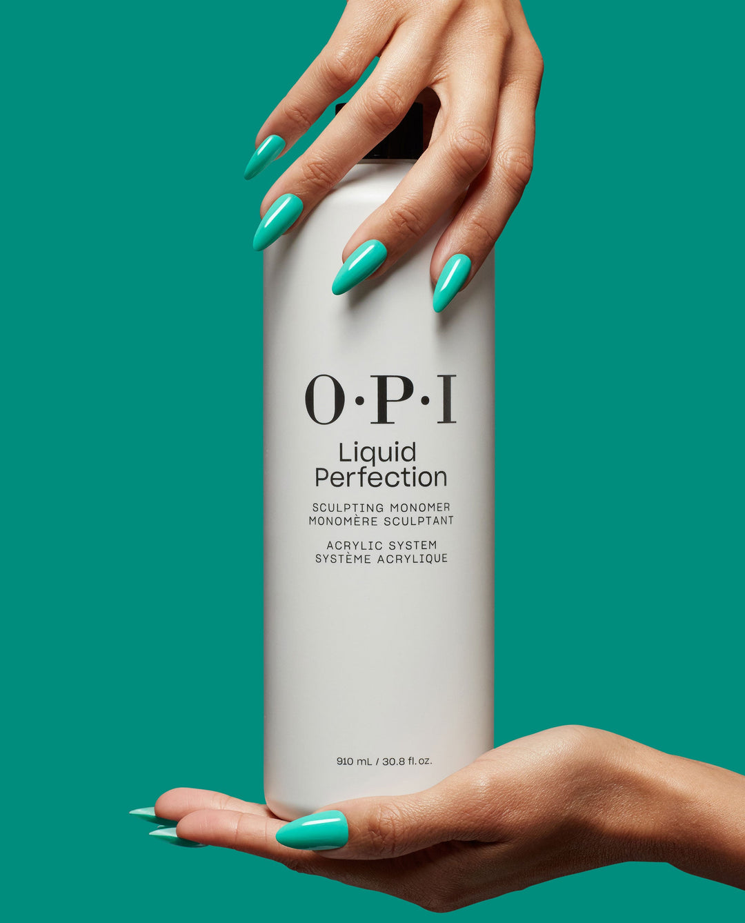 OPI Liquid Perfection Universal Monomer 30.8 oz with teal manicure